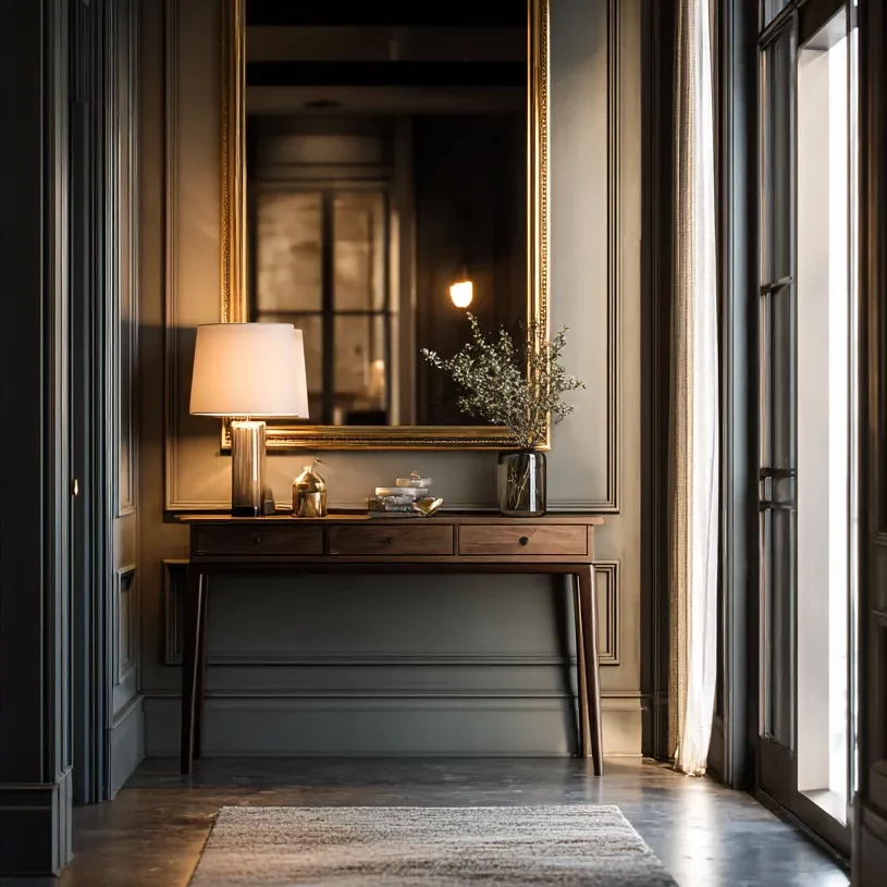 Narrow_hallway_entryway_with_slim_console_table_deep_walnut_finish